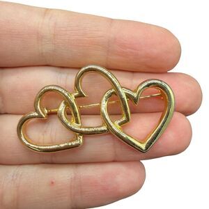 Vintage Gold Tone Triple Heart Brooch Hearts pin 3 heart brooch interlocked hear